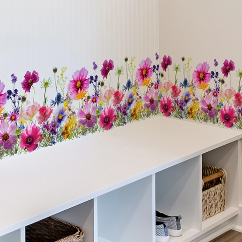 Colorful Floral Wall Stickers PVC Reusable Self Adhesive Wildflower Border For Living Room Bedroom Home Decor