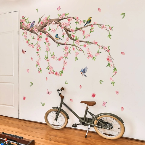 Watercolor Pink Flower Tree Branch Bird Wall Sticker Removable PVC Mural For Kids Room Bedroom Living Room Home Decoration
