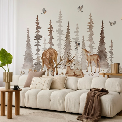 Adesivi Murali Animali Foresta PVC Autoadhesivi Alberi Cervi Acquerello Per Soggiorno Camera Da Letto Vivaio Decorazione