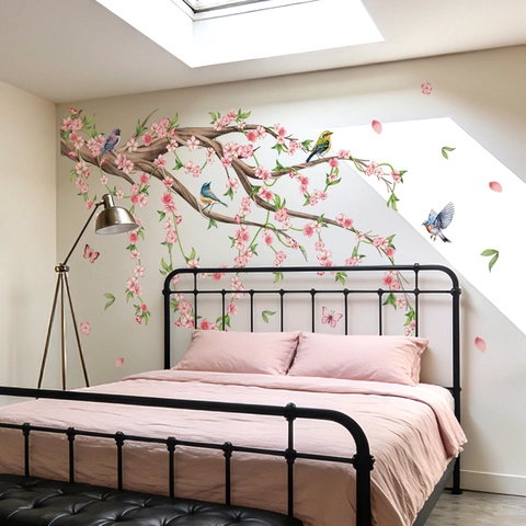 Watercolor Pink Flower Tree Branch Bird Wall Sticker Removable PVC Mural For Kids Room Bedroom Living Room Home Decoration