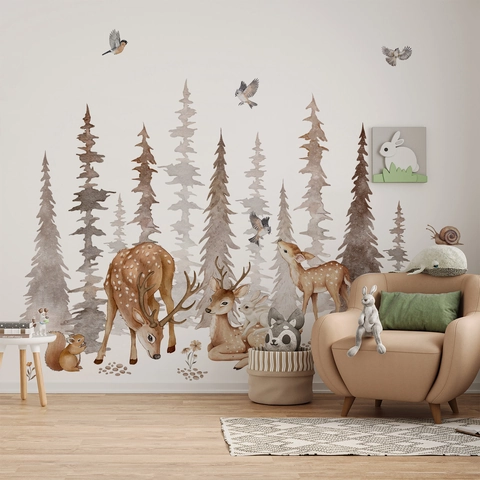 Adesivi Murali Animali Foresta PVC Autoadhesivi Alberi Cervi Acquerello Per Soggiorno Camera Da Letto Vivaio Decorazione