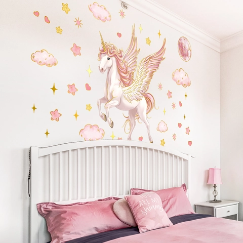 Stickers Muraux Licorne Rose De Rêve Avec Ailes Bronzées Or Nuages Étoiles Coeurs PVC Auto-adhésif Amovible Décoration Maison