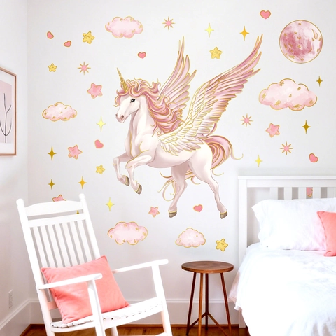 Stickers Muraux Licorne Rose De Rêve Avec Ailes Bronzées Or Nuages Étoiles Coeurs PVC Auto-adhésif Amovible Décoration Maison