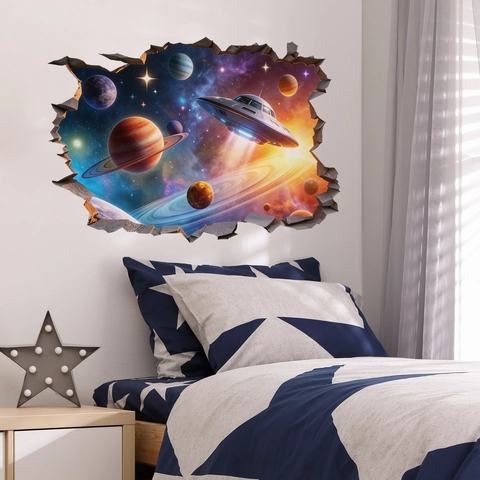 3D Space UFO Broken Wall Sticker Galaxy Planet Starry Sky Self Adhesive PVC Decal For Kids Room Bedroom Home Wall Decor