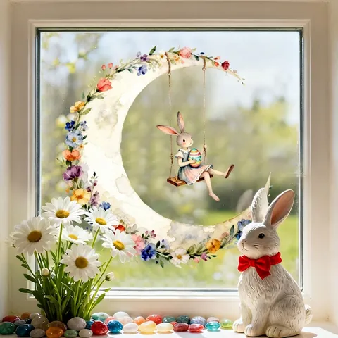 Easter Bunny Egg Window Stickers Watercolor Rabbit Floral Crescent Moon Static Cling Decals For Glass Window Home Decor