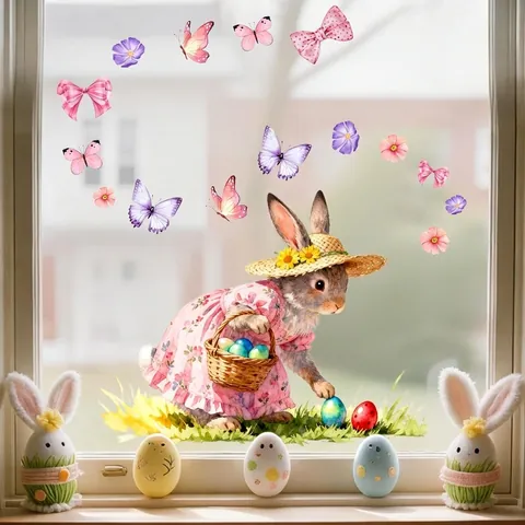 Easter Bunny Egg Window Stickers Watercolor Rabbit Floral Crescent Moon Static Cling Decals For Glass Window Home Decor