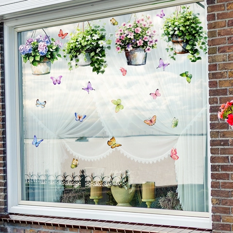 Aquarell Hängeblumentopf Schmetterling Fensteraufkleber Statisch Haftend PVC Doppelseitig Floral Decals Für Glastür Wohndeko