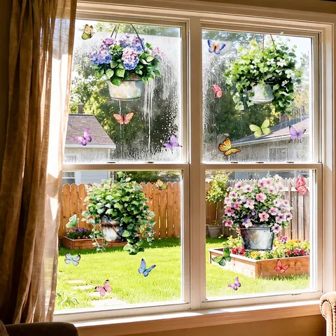 Aquarell Hängeblumentopf Schmetterling Fensteraufkleber Statisch Haftend PVC Doppelseitig Floral Decals Für Glastür Wohndeko