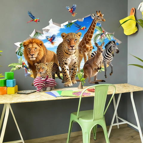3D Wild Animal Broken Wall Sticker Realistic Lion Leopard Giraffe Zebra Parrot Self Adhesive PVC Decal For Kids Room Decor
