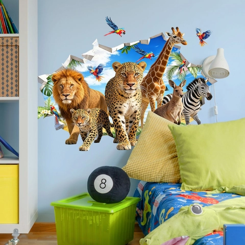 3D Broken Wall Wildlife Animal Sticker PVC Waterproof Removable Decal Lion Giraffe For Kids Room Bedroom Home Decor