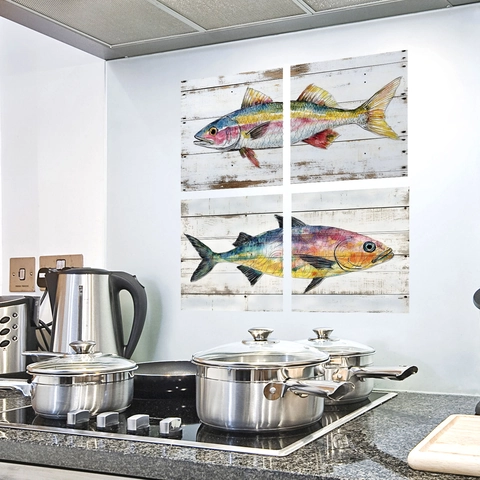 Colorful Fish Illustration Wall Stickers Faux Wood Grain Pattern Waterproof Vinyl Self Adhesive Home Decor Mural