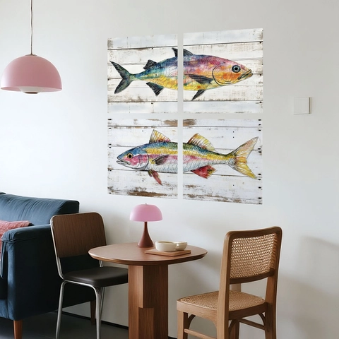 Colorful Fish Illustration Wall Stickers Faux Wood Grain Pattern Waterproof Vinyl Self Adhesive Home Decor Mural