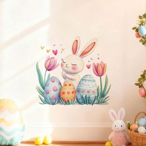 Easter Bunny Easter Eggs Flower Wall Sticker PVC Watercolor Cartoon Decal For Bathroom Living Room Bedroom Home Decoration Mural