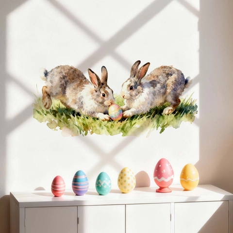Easter Bunny Easter Eggs Flower Wall Sticker PVC Watercolor Cartoon Decal For Bathroom Living Room Bedroom Home Decoration Mural