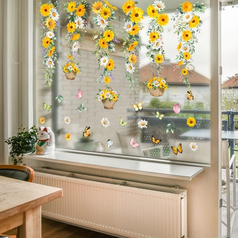 Sunflower Daisy Vine Butterfly Static Window Sticker Double Sided Floral PVC Cling For Glass Home Living Room Decor