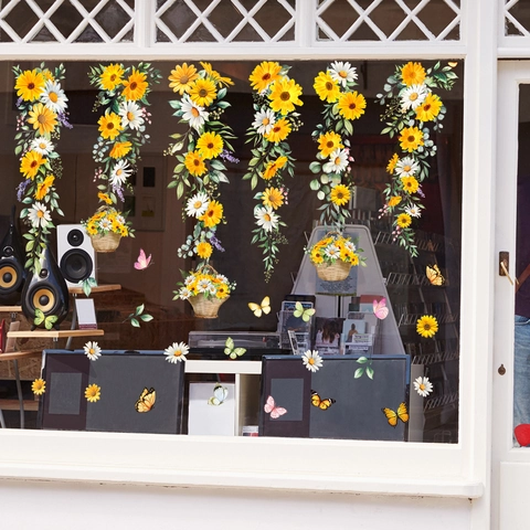Sunflower Daisy Vine Butterfly Static Window Sticker Double Sided Floral PVC Cling For Glass Home Living Room Decor