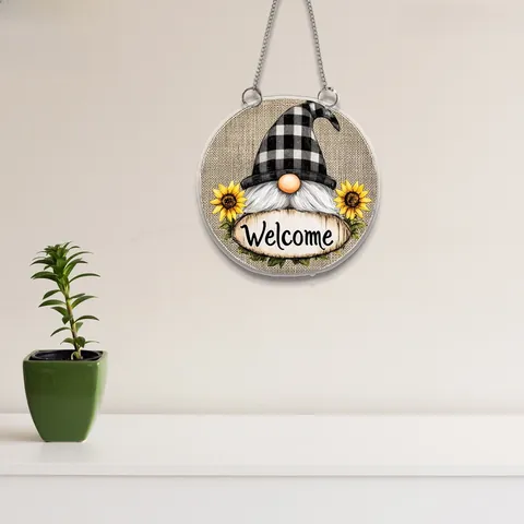 Acryl Willkommensschild Dekorative Hängeplatte 2D Flach Cartoon Gnom Blumen Sonnenblume Für Haustür Heim Garten Dekoration