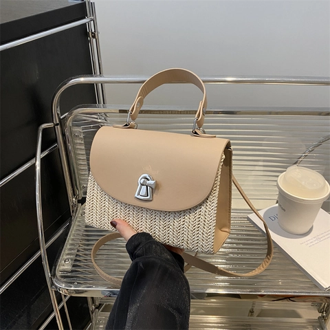 Mode Gewebte Patchwork Umhängetasche Damen PU Leder Handtasche Crossbody Bag Sommer Strand Urlaub Tasche Mit Metallschloss