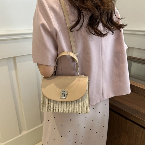 Mode Gewebte Patchwork Umhängetasche Damen PU Leder Handtasche Crossbody Bag Sommer Strand Urlaub Tasche Mit Metallschloss