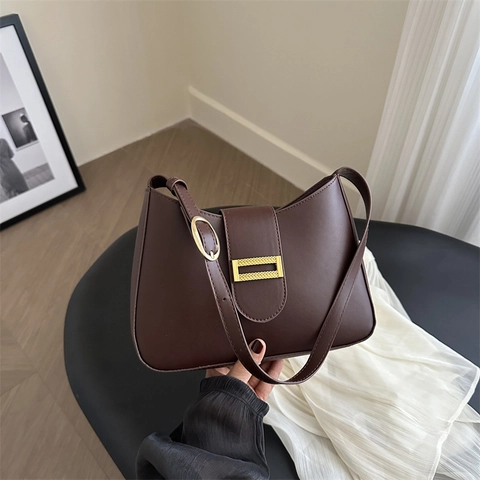 Bolso de Axila para Mujer Estilo Francés Cuero PU Retro Color Sólido Bolso de Hombro con Herrajes Dorados Gran Capacidad