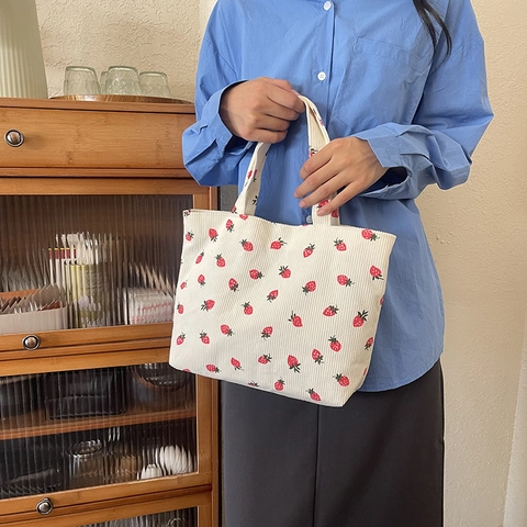 Sac Cabas Femme En Velours Côtelé Imprimé Fraises Style Japonais Grande Capacité Sac À Épaule Mignon Pour Étudiante