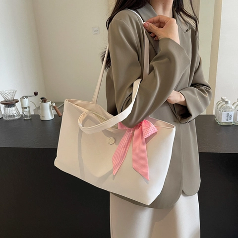 Bolso Tote de Tela de Gran Capacidad para Mujer Decoración de Lazo de Moda Bolso de Hombro Color Sólido Casual Viaje Diario