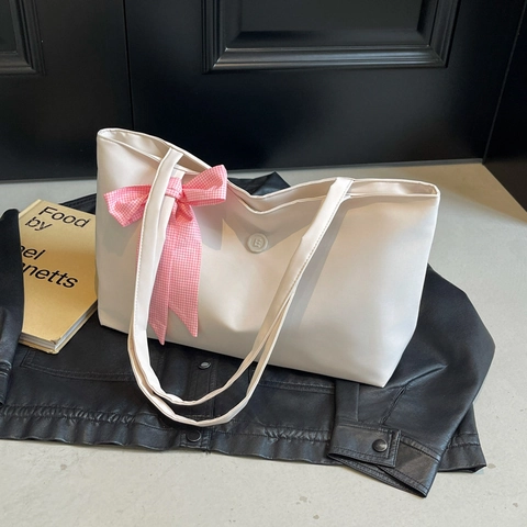 Bolso Tote de Tela de Gran Capacidad para Mujer Decoración de Lazo de Moda Bolso de Hombro Color Sólido Casual Viaje Diario