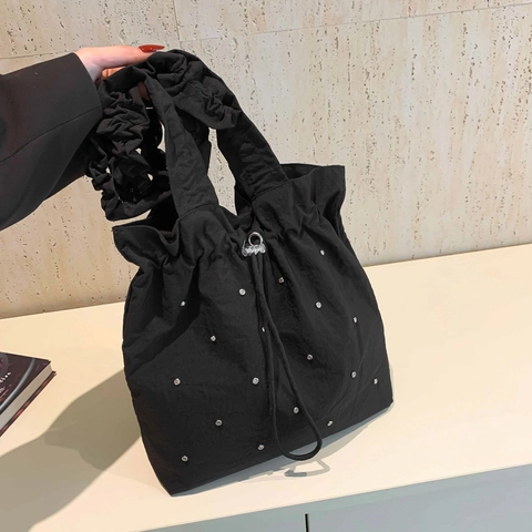 Bolso Tote Plisado con Pedrería para Mujer Gran Capacidad con Cordón Bolso de Hombro con Correa de Volantes Color Sólido Moda Casual
