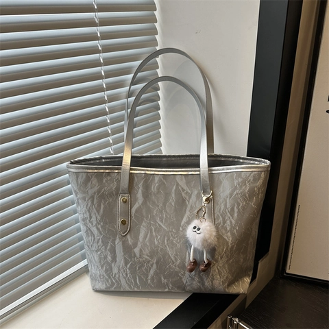 Women Casual Crinkled PU Leather Tote Bag Large Capacity Shoulder Bag With Cute Plush Monster Charm For Commute College Daily Streetwear