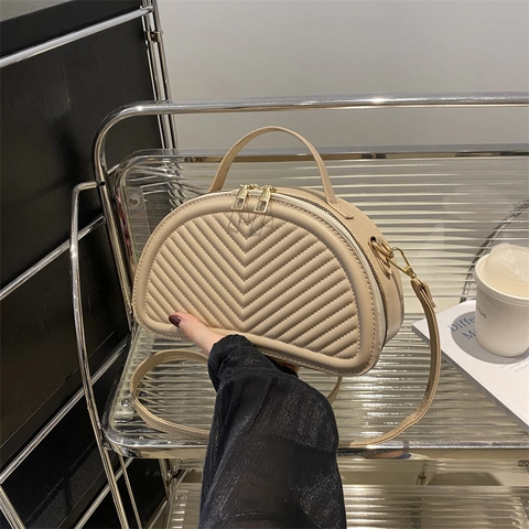 Women PU Leather Chevron Quilted Half Moon Shoulder Bag Crossbody Handbag With Top Handle Zip Closure Gold Hardware