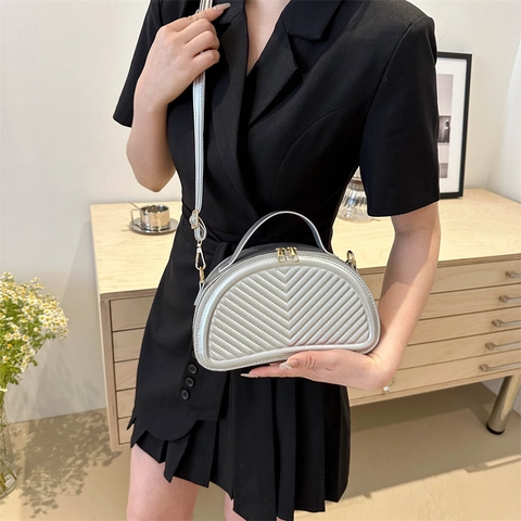 Women PU Leather Chevron Quilted Half Moon Shoulder Bag Crossbody Handbag With Top Handle Zip Closure Gold Hardware