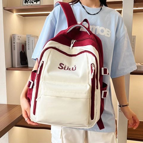 Zaino da Scuola in Nylon a Colori Contrastanti per Donna di Grande Capacità Stile Coreano Stampa Lettere Viaggio Casuale