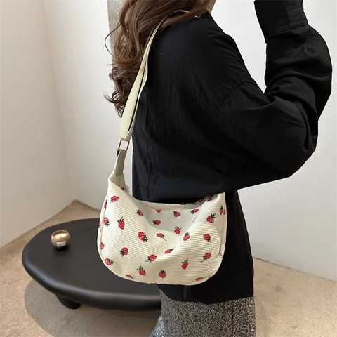 Women Corduroy Strawberry Embroidery Hobo Bag Fashion Leopard Print Underarm Shoulder Bag With Adjustable Strap Handbag