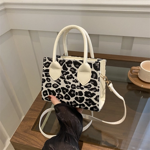 Women Corduroy Shoulder Bag Strawberry Leopard Print Mini Tote Handbag Adjustable Strap Casual Fashion Small Square Bag