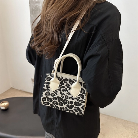Women Corduroy Shoulder Bag Strawberry Leopard Print Mini Tote Handbag Adjustable Strap Casual Fashion Small Square Bag