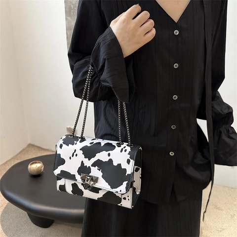 Borsa Tracolla Donna Fantasia Leopardo Mucca Pelle PU Catena Metallica Chiusura Rivetto Retrò Borsa Alla Moda
