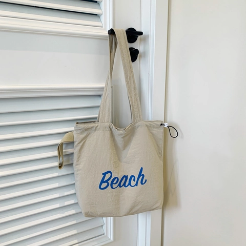 Borsa Tote Grande Capacità Per Donna Tela Spiaggia Stampa Lettere Borsa A Spalla Casual Moda Coulisse