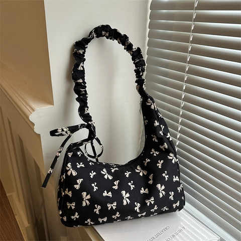 Borsa a Spalla Minimalista in Stile Giapponese con Stampa a Fiocco Grande Capacità Tracolla Arricciata Hobo Bag Donna