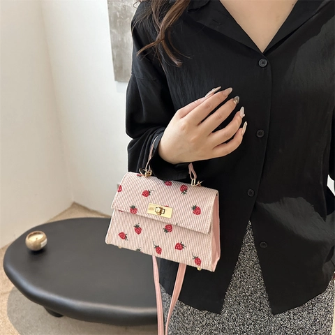 Women Corduroy Strawberry Leopard Print Small Square Shoulder Bag Vintage Metal Turn Lock Handbag Crossbody Bag For Daily Travel