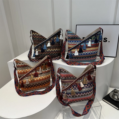 Sac Bandoulière en Toile Style Éthnique Bohème Grande Capacité Sac Cabas Crossbody Avec Glands Motif Géométrique Sac à Main Femme