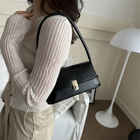 Women Shoulder Bag PU Leather Retro Baguette Underarm Handbag With Metal Lock For Daily Commuting Solid Color Fashion