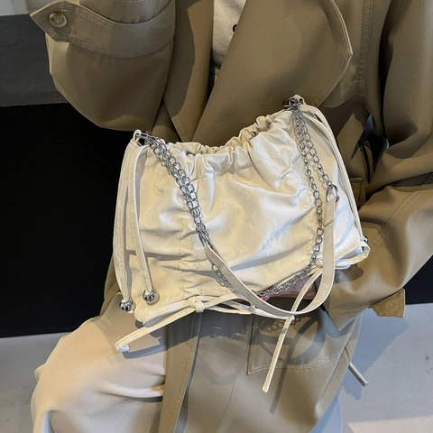 Pleated Crossbody Bag PU Leather Cloud Tote With Silver Chain Drawstring Closure For Women Versatile Fashion