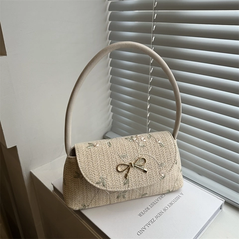 Borsa Sottobraccio in Paglia Intrecciata Vintage Francese per Donna Ricamo Floreale Fibbia Metallica con Fiocco Stile Pastorale
