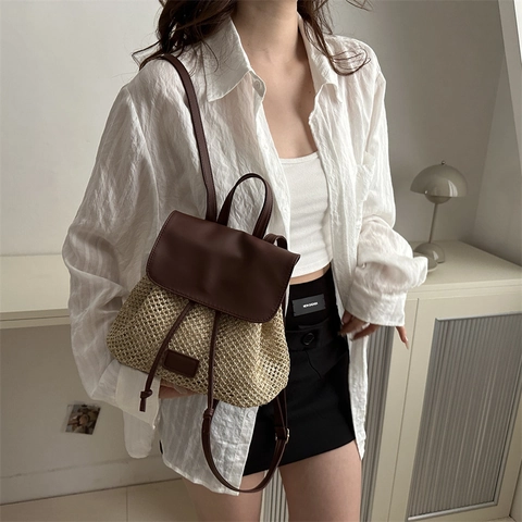 Zaino Intrecciato In Paglia Moda Donna Vacanze Estive Stile Boho Patchwork Pelle PU Coulisse Piccola Borsa Da Viaggio Estetica