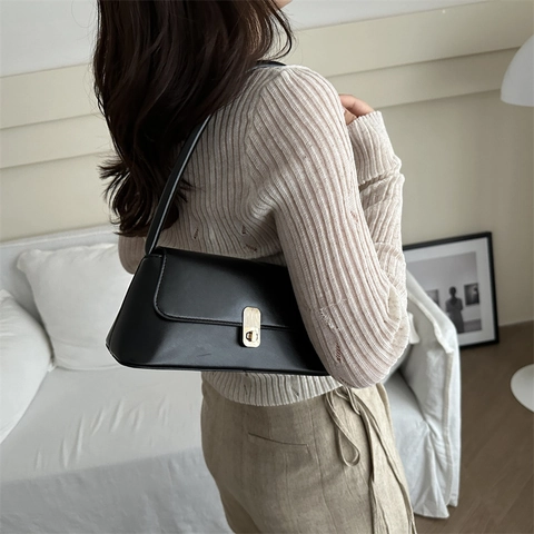Vintage Minimalistische PU Leder Baguette Tasche Für Damen Retro Gold Metallschloss Unterarm Schultertasche Urban Handtasche