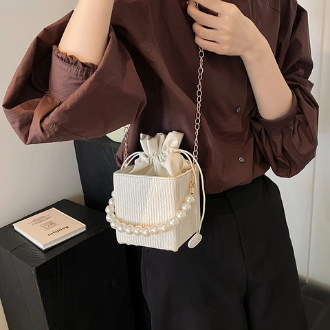 Fashion Women PU Leather Bucket Bag With Faux Pearl Handle Metal Chain Crossbody Small Box Bag For Daily Party Travel