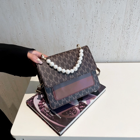 Borsa a Tracolla da Donna in Pelle PU Retrò Con Elegante Manico di Künstliche Perle Stampa Monogramma Borsa a Mano Patta Piccola Borsa Quadrata