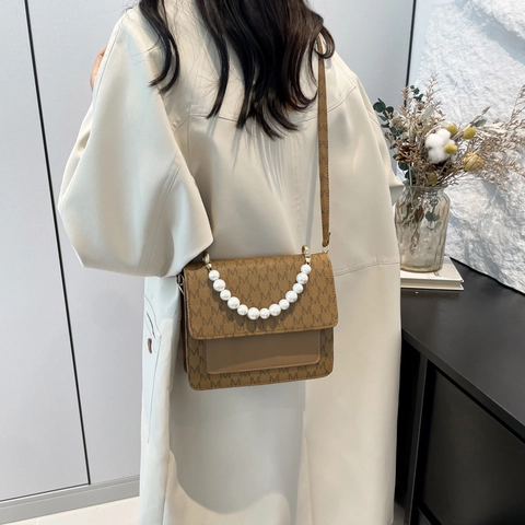 Borsa a Tracolla da Donna in Pelle PU Retrò Con Elegante Manico di Künstliche Perle Stampa Monogramma Borsa a Mano Patta Piccola Borsa Quadrata