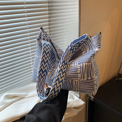 Damen Segeltuch Schultertasche Mit Großer Kapazität Retro Geometrisches Jacquard Muster Breiter Gurt Lässige Umhängetasche