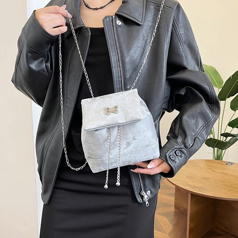 Moda Donna Fiocco Farfalla in Pelle PU Mini Zaino Catena Borsa a Tracolla Trendy Tinta Unita Donna Piccola Borsa a Spalla